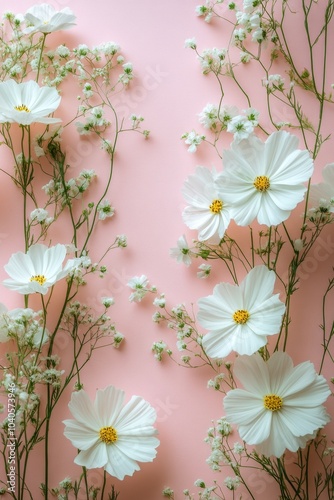 Delicate white flowers and tiny blossoms against a soft pink background in a ...