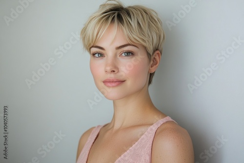 Young woman with short blonde hair wearing a light pink sweater posing agains...