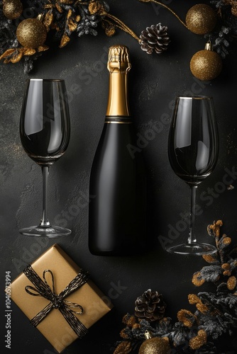 Luxurious champagne bottle sits at the center with elegant glasses surroundin...