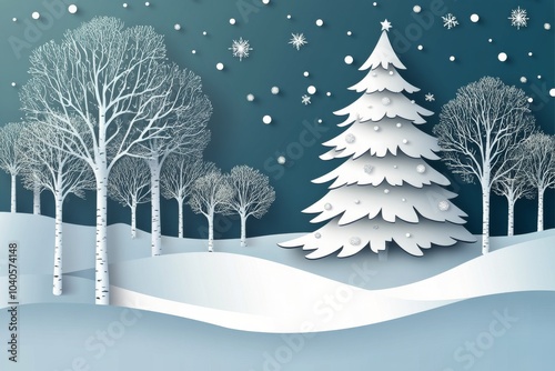 Winter wonderland featuring a snow covered landscape with a decorated tree an...