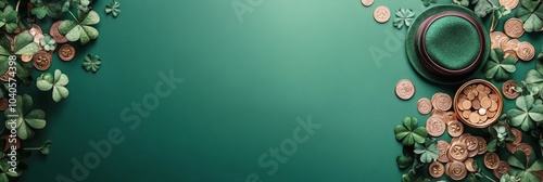 Decorative green background with clovers, gold coins, and a festive hat for a...