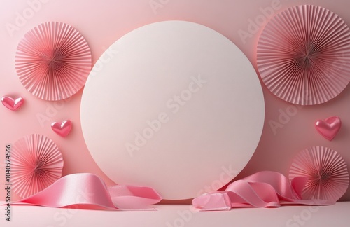 Decorative pink background with blank circle and ribbon for celebrations or i...