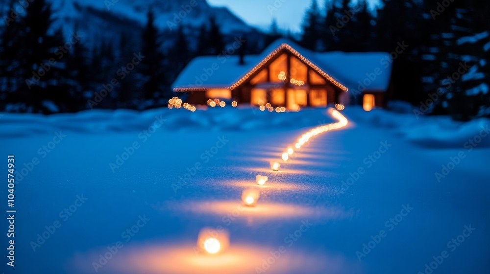 Fototapeta premium Christmas lights illuminating a snowy pathway, guiding the way to a cozy cabin