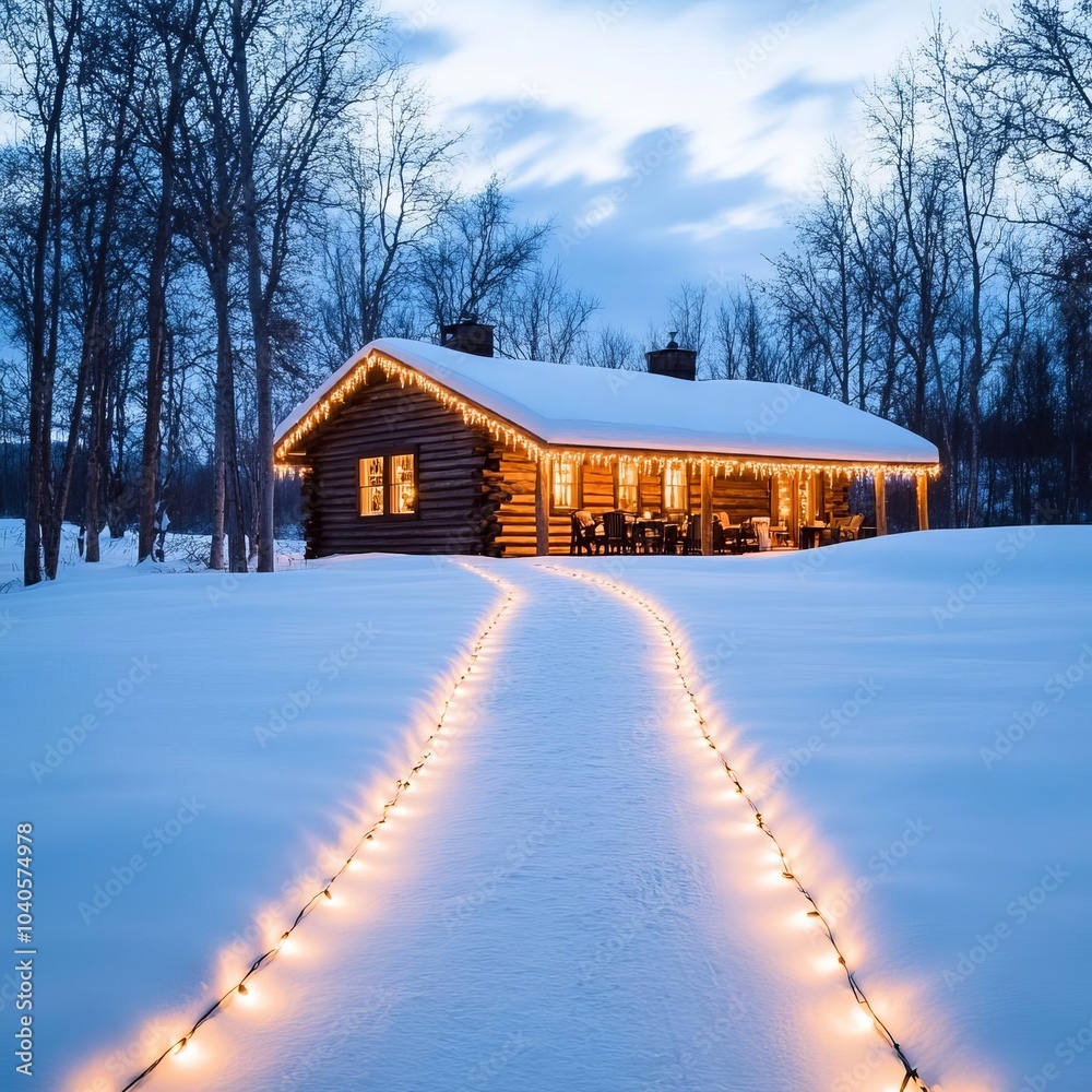 Christmas lights illuminating a snow-covered pathway, guiding the way to a cozy cabin Christmas lights illuminating a snow-covered pathway, guiding the way to a cozy cabin