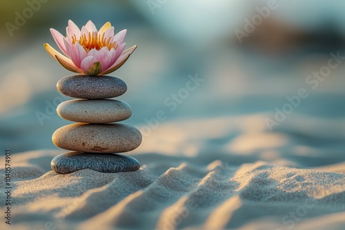 A serene pink lotus flower on stacked pebbles in gentle rippling sand