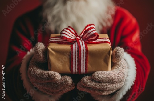 Santa Claus holding a gift with red and white ribbon during the holiday season