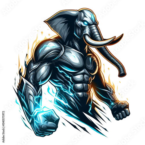 Electrifying hybrid elephant warrior with no background, bold and eye catching design photo