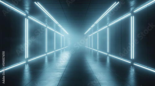 A futuristic corridor illuminated by sleek lighting in a modern spaceship interior