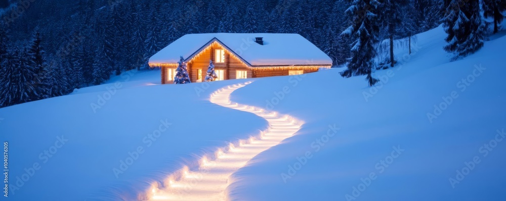Christmas lights twinkling on a snowy path, guiding the way to a holiday home Christmas lights twinkling on a snowy path, guiding the way to a holiday home