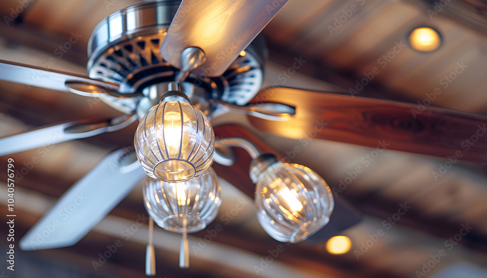 Ceiling fan with lamps indoors, low angle view Ceiling fan with lamps indoors, low angle view