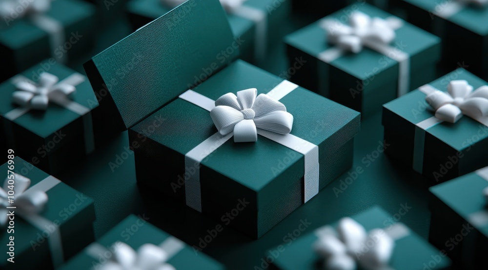 A collection of elegant dark green gift boxes, one open, with white ribbons, symbolizing celebration, surprise, and joy A collection of elegant dark green gift boxes, one open, with white ribbons, symbolizing celebration, surprise, and joy