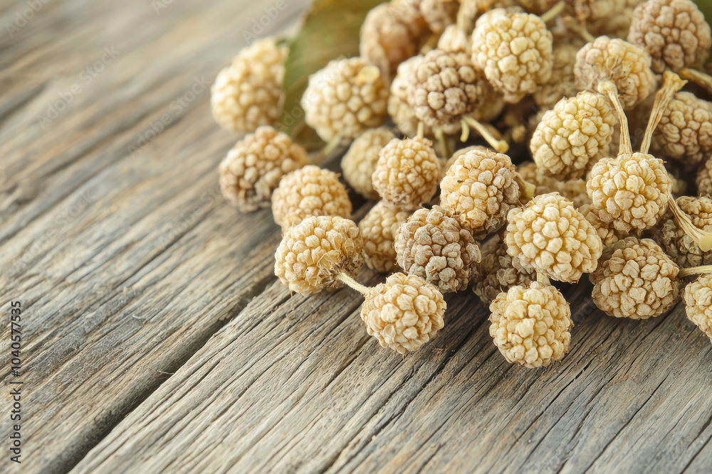 Dried white mulberry over wooden background.
