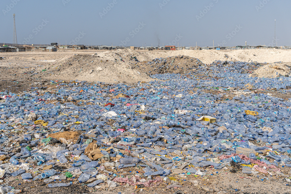 A large amount of plastic water bottles littered in the Danakil Depression, Ethiopia