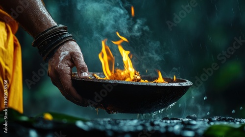 Hindu priest performing a religious ceremony with offerings, symbolizing devotion and ritual in Hinduism