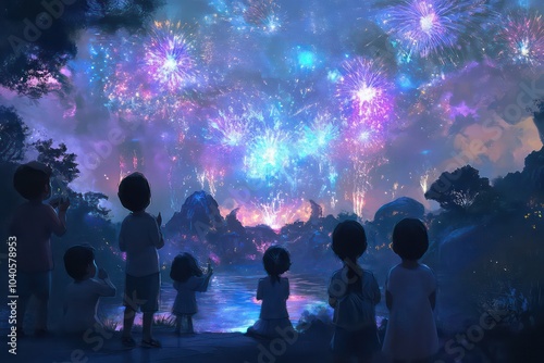 A group of children watching a mesmerizing firework display. 