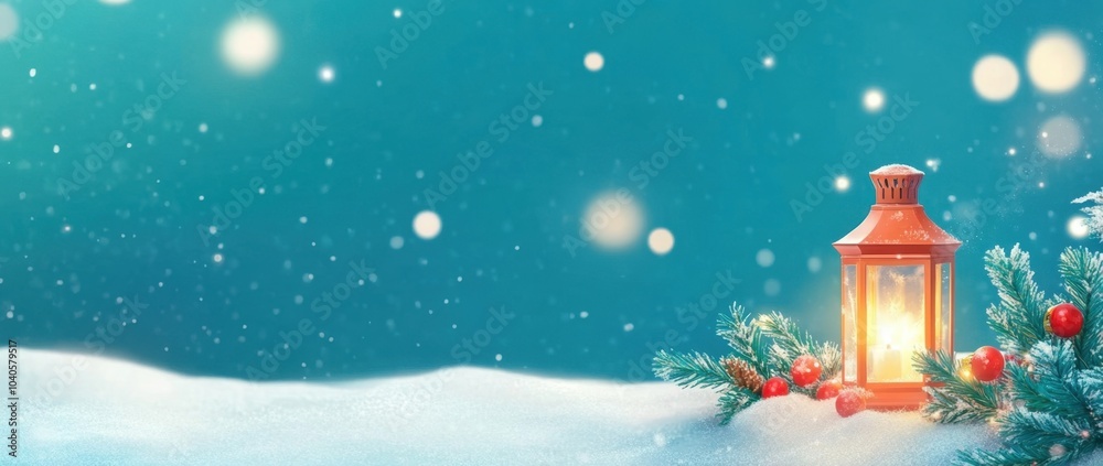 Christmas background with a lantern, snow, and decorations on a blue gradient backdrop Christmas lights, garland decoration, snowflakes, and a bokeh effect Generative AI