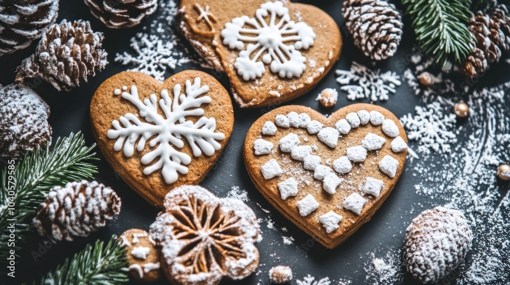 A delightful assortment of gingerbread cookies, shaped like hearts and decorated with icing, surrounded by pinecones and sprigs of greenery, all set in a wintery ambiance A delightful assortment of gingerbread cookies, shaped like hearts and decorated with icing, surrounded by pinecones and sprigs of greenery, all set in a wintery ambiance