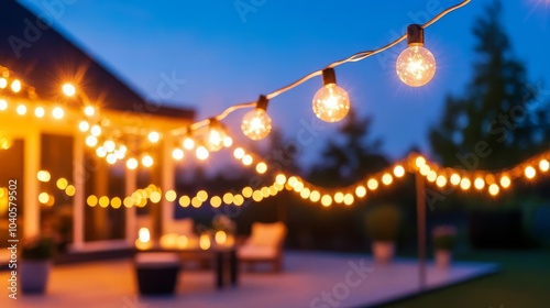 String lights decorating a backyard patio, shining against the night sky