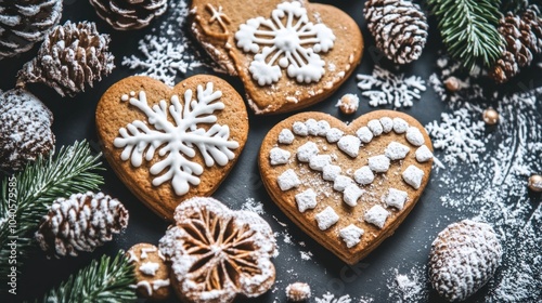 A delightful assortment of gingerbread cookies, shaped like hearts and decorated with icing, surrounded by pinecones and sprigs of greenery, all set in a wintery ambiance