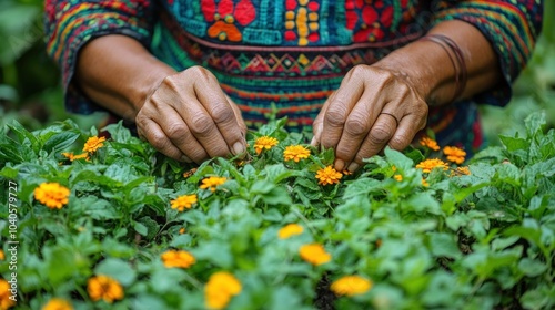 Close-up of hands using herbal plants to make a natural remedy in the wilderness, showcasing traditional healing skills photo