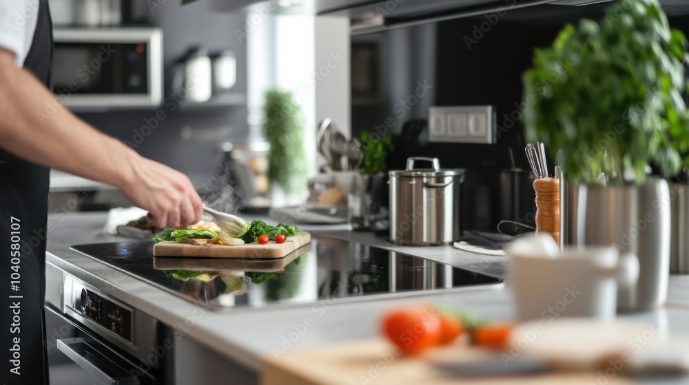 A modern electric kitchen with a person preparing a gourmet meal, representing the fusion of culinary arts and advanced technology, Kitchen scene A modern electric kitchen with a person preparing a gourmet meal, representing the fusion of culinary arts and advanced technology, Kitchen scene