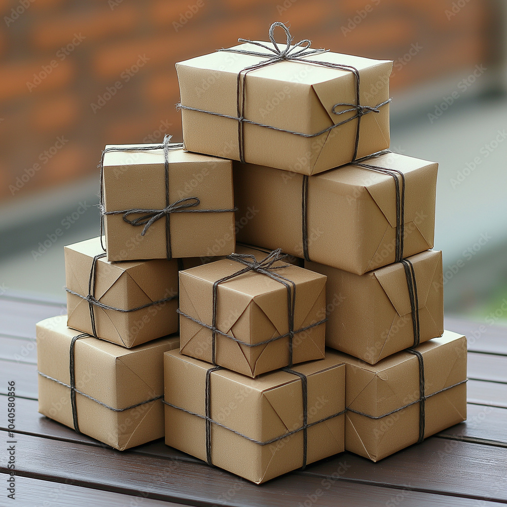 Obraz premium ネットショッピングと宅配された小包。