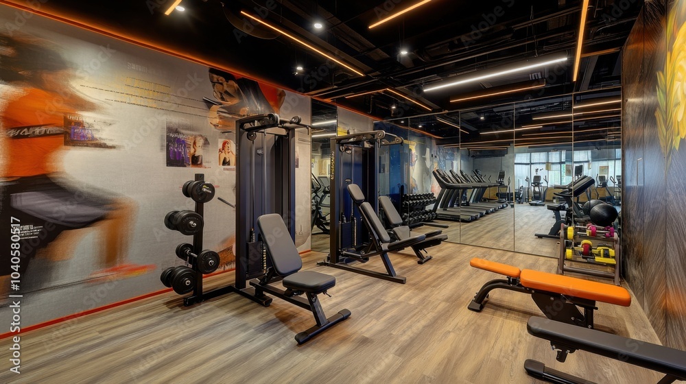 Fototapeta premium A modern fitness center with high-tech workout machines, a mirrored wall, and motivational posters