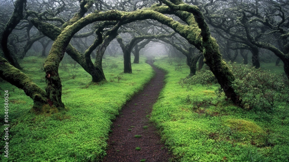 Obraz premium A tranquil path meanders through a foggy forest, where ancient trees with gnarled branches are draped in vibrant green moss, creating a magical atmosphere at dawn