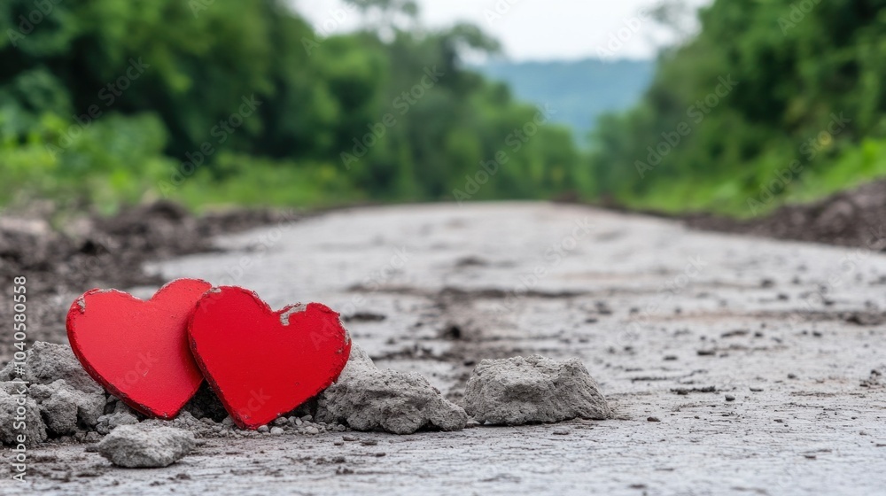Two vibrant red heart shapes rest on an uneven road, surrounded by patches of greenery. The scene evokes a sense of love and resilience in a natural setting on a sunny day Two vibrant red heart shapes rest on an uneven road, surrounded by patches of greenery. The scene evokes a sense of love and resilience in a natural setting on a sunny day
