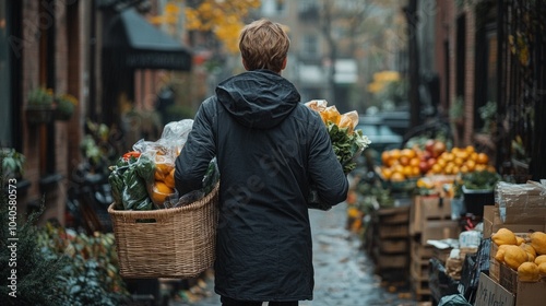 Man carrying groceries up the stairs to his apartment, illustrating the physical effort involved in everyday tasks photo