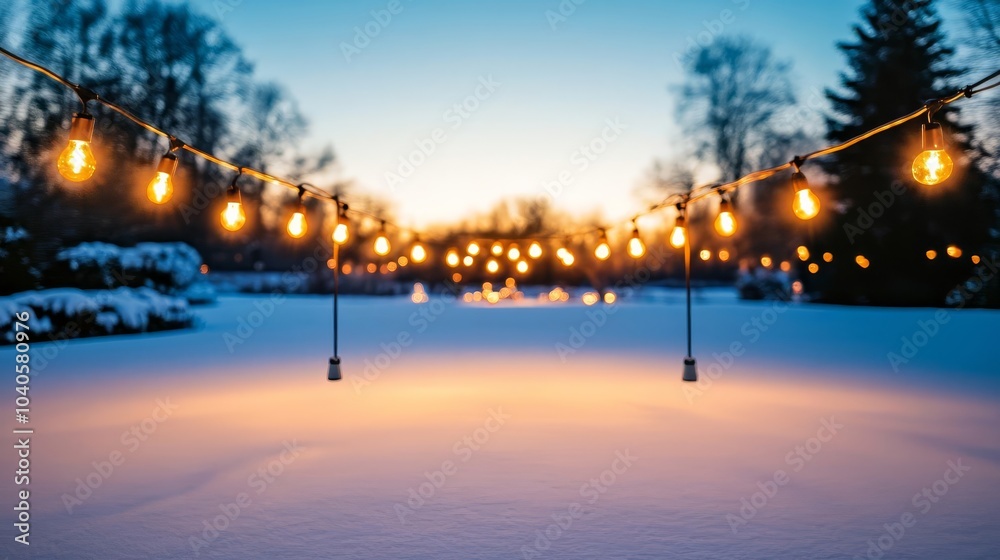Fototapeta premium String lights glowing in a snow-covered garden, adding a festive touch to the night