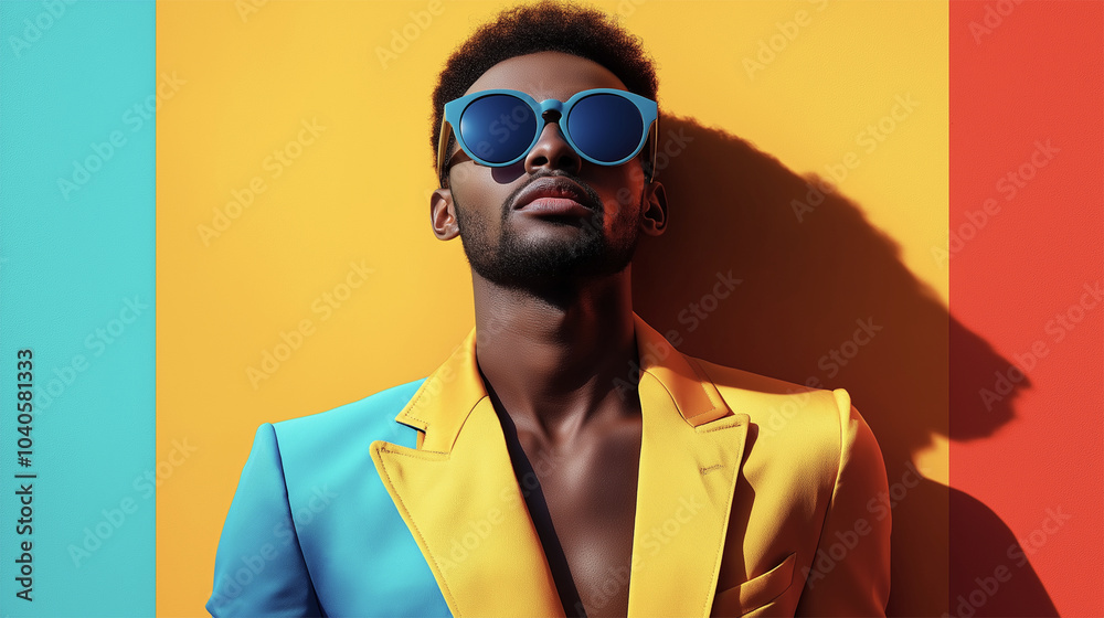 Stylish man in color-block yellow and blue suit with sunglasses on vibrant background
Stylish man in color-block yellow and blue suit with sunglasses on vibrant background