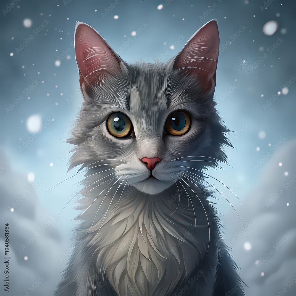 Portrait of a cat on a snowy background. Close-up. For postcard design, packaging, goods for animals. Portrait of a cat on a snowy background. Close-up. For postcard design, packaging, goods for animals.