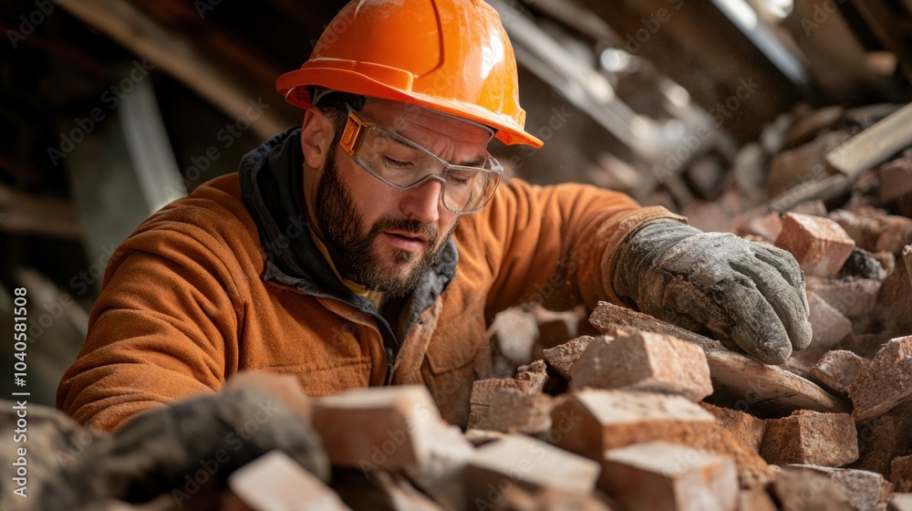 A construction worker in an orange hard hat examines bricks at a construction site, ensuring safety as he navigates through debris and rubble in broad daylight A construction worker in an orange hard hat examines bricks at a construction site, ensuring safety as he navigates through debris and rubble in broad daylight