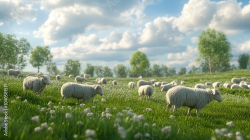 A Flock of Sheep Grazing in a Lush Green Meadow under a Cloudy Sky