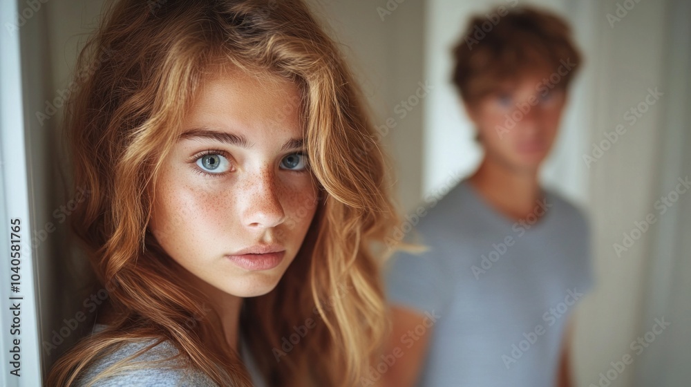 A young girl with striking blue eyes gazes at the viewer, her wavy hair framing her face, while a boy stands blurred behind her in a cozy indoor setting A young girl with striking blue eyes gazes at the viewer, her wavy hair framing her face, while a boy stands blurred behind her in a cozy indoor setting