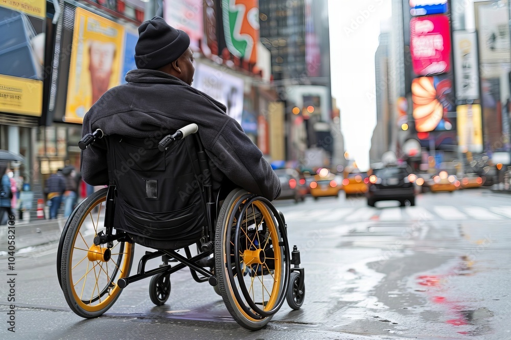 Obraz premium Disabled Man Sitting on Wheelchair on Street in Close-Up View