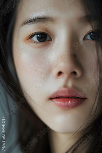 Close up Asian woman face with dark hair and a natural make-up