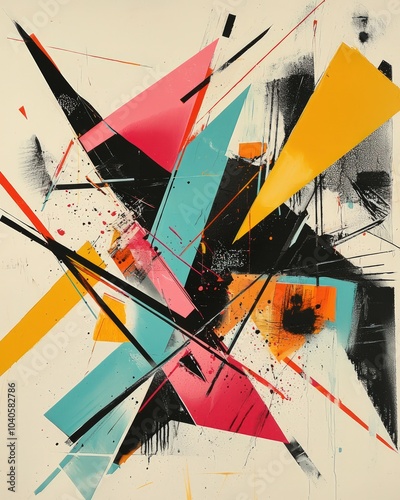 Chaotic abstract art with angular lines and bold color contrasts