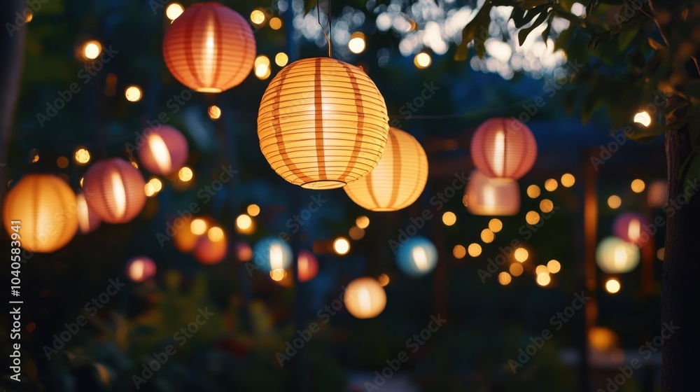 A lambent glow of paper lanterns lighting up a garden party at dusk, creating a soft and detailed atmosphere. A lambent glow of paper lanterns lighting up a garden party at dusk, creating a soft and detailed atmosphere.