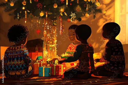 Children placing gifts (Zawadi) under the Kwanzaa tree.  photo