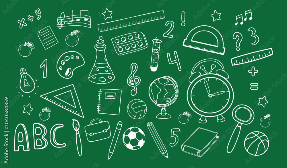 School chalk doodles for educational design on green board School chalk doodles for educational design on green board
