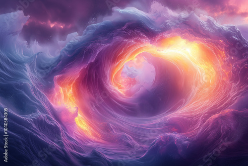 swirling cosmic vortex of purple and orange light flows in an abstract ethereal composition with dynamic textures and radiant energy