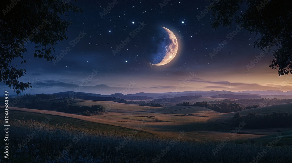 A lambent moon casting a soft glow over rolling hills and fields, creating a tranquil nighttime scene. A lambent moon casting a soft glow over rolling hills and fields, creating a tranquil nighttime scene.