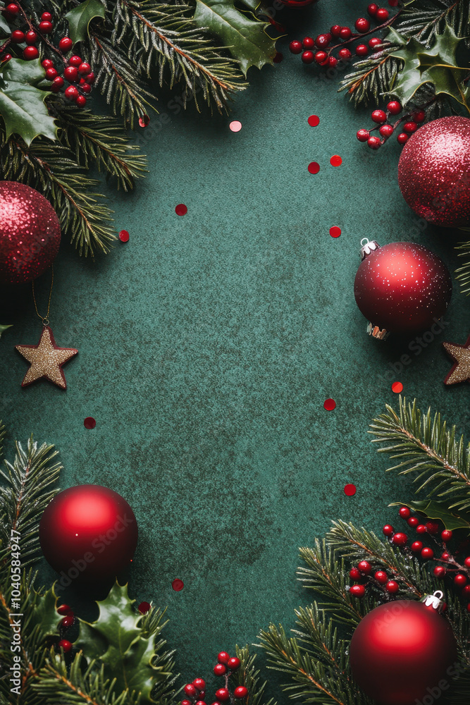 Holiday decorations with ornaments, pinecones, and greenery on a textured background Holiday decorations with ornaments, pinecones, and greenery on a textured background