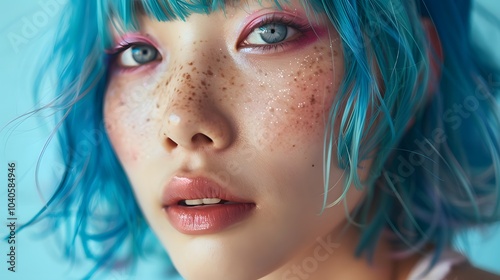 Close-up of a young Asian woman with blue hair and pink eyes