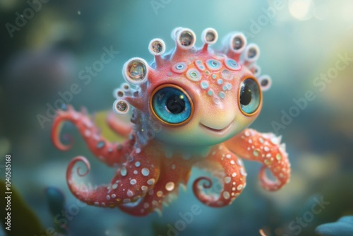 Charming Underwater Octopus: A Colorful Fantastical Creature Captured in Vibrant Ocean Depths