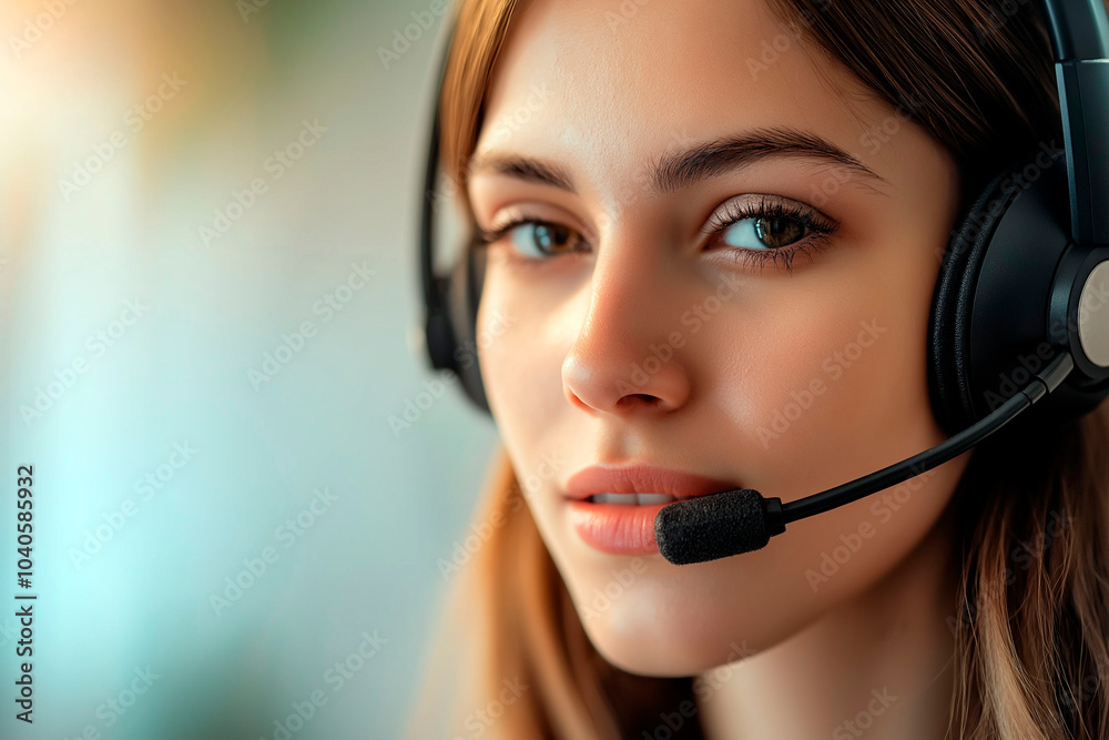 Close-up of a woman wearing a headset with a microphone, providing customer support or working remotely Close-up of a woman wearing a headset with a microphone, providing customer support or working remotely
