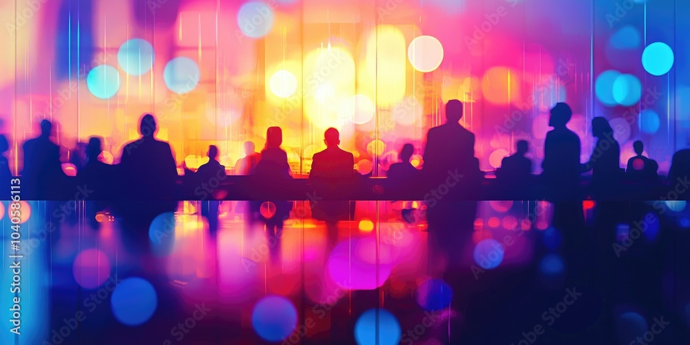 Abstract background with out-of-focus figures attending a business meeting, vibrant lighting highlighting the corporate atmosphere. Abstract background with out-of-focus figures attending a business meeting, vibrant lighting highlighting the corporate atmosphere.