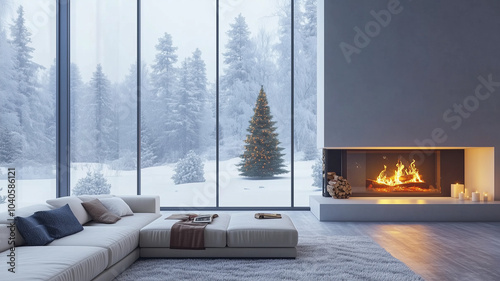 Cozy living toom interior with large windows and a fireplace, winter christmas setting. Luxury interior with beautiful decorated Christmas tree. Merry christmas. photo